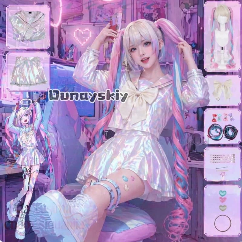 LWW24*Costume Cosplay Anime NEEDY OVERDOSE, Abito Kangel OMGkawaiiAngel, Stile Jirai Kei, Vestito JK, Parrucche Moda Y2K per Halloween