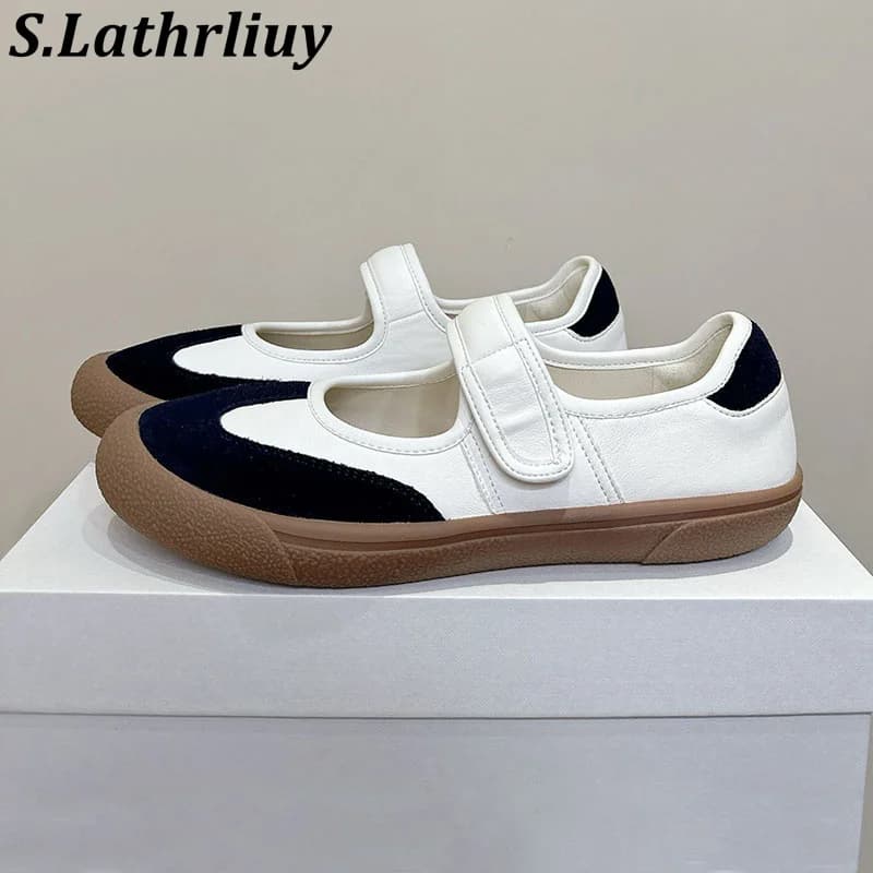 Flat Thick Sole Round Toe Lazy Loafers Women Real Leather Mixed Color Single Shoes Spring Autumn Walking Shoes Zapatos De Muje