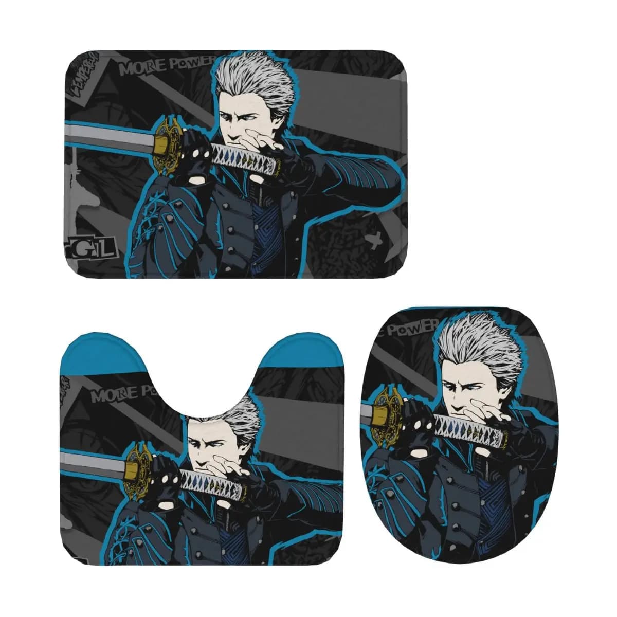 Vergil From The Devil May Cry Series 3 pezzi Tappetino da bagno Set da bagno Copriwater Decorazioni per la casa Tappeto antiscivolo