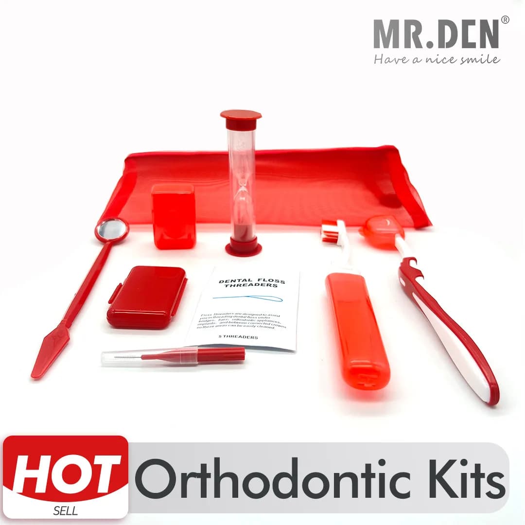 8 pcs/set dental teeth kit portable orthodontic oral cleaning tools for whitening suit colored mesh bag with Ortho toothbrush