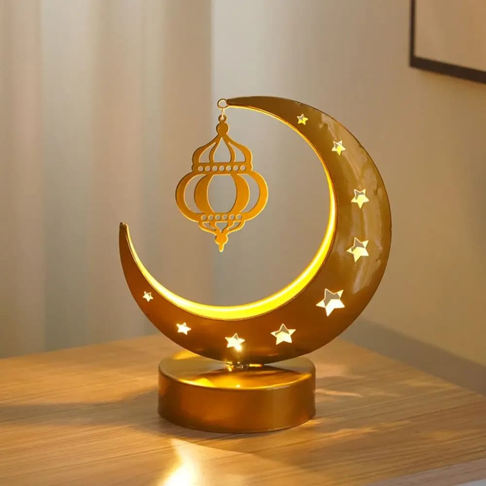 Lampada da Tavolo in Metallo con Design Artistico a Forma di Luna Crescente e Stella, in Ferro Battuto Traforato, Luce LED Dorata a Forma di Luna, Luce Soffusa