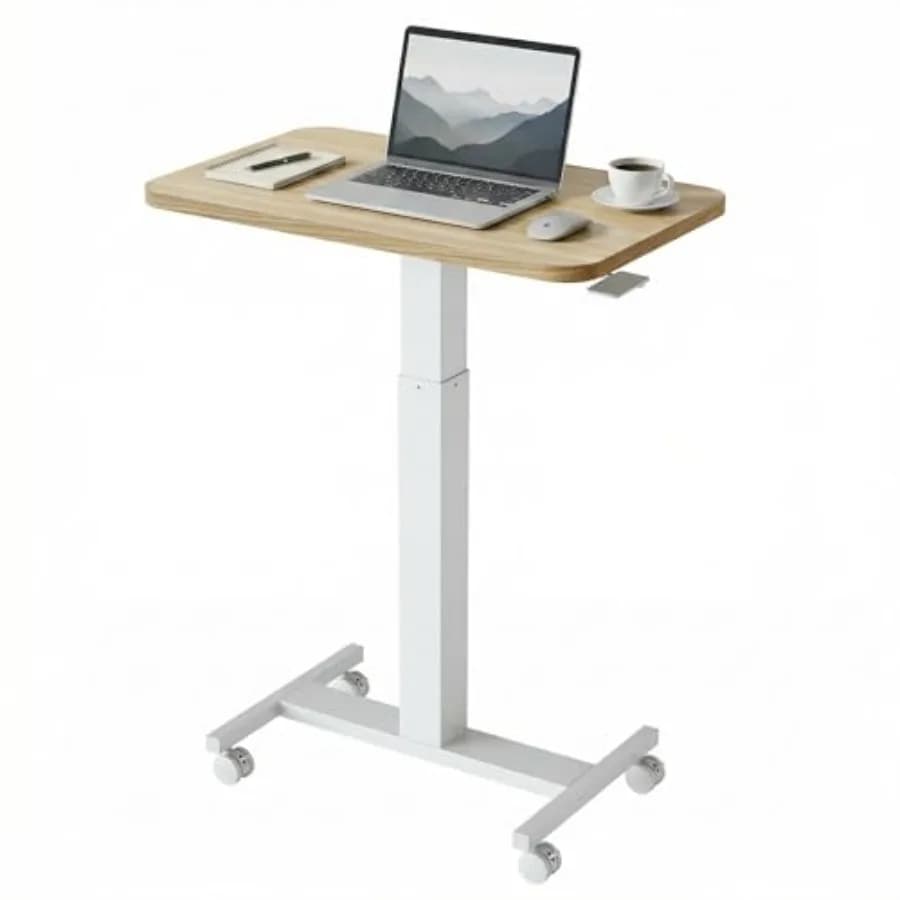 Piccola scrivania mobile per laptop con base a T regolabile in altezza, con ruote bloccabili, postazione di lavoro portatile sit-stand.