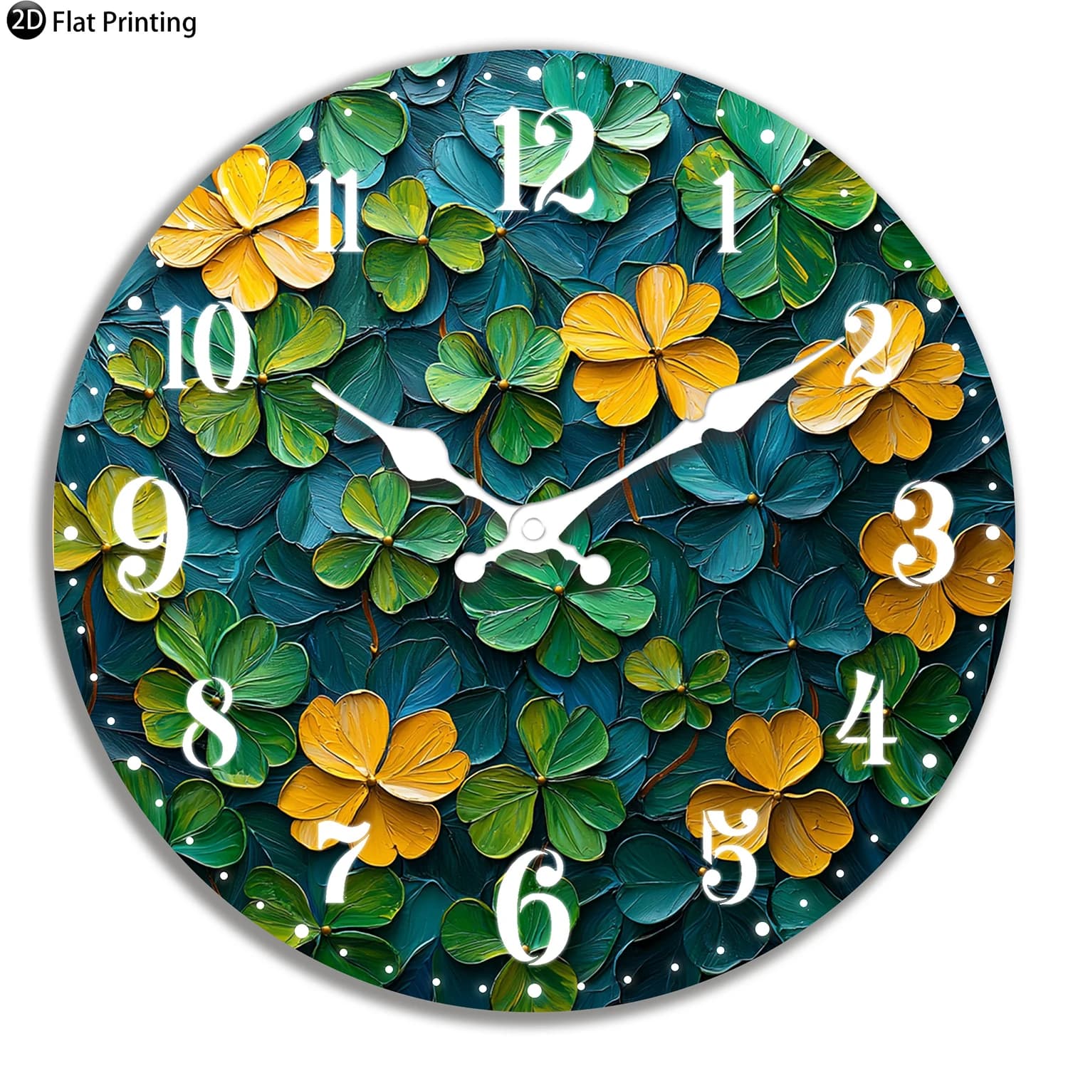 Wooden silent wall clock with clover leaves, yellow flowers, quartz analogue watch for bedroom, bathroom, Halloween New Year's gift