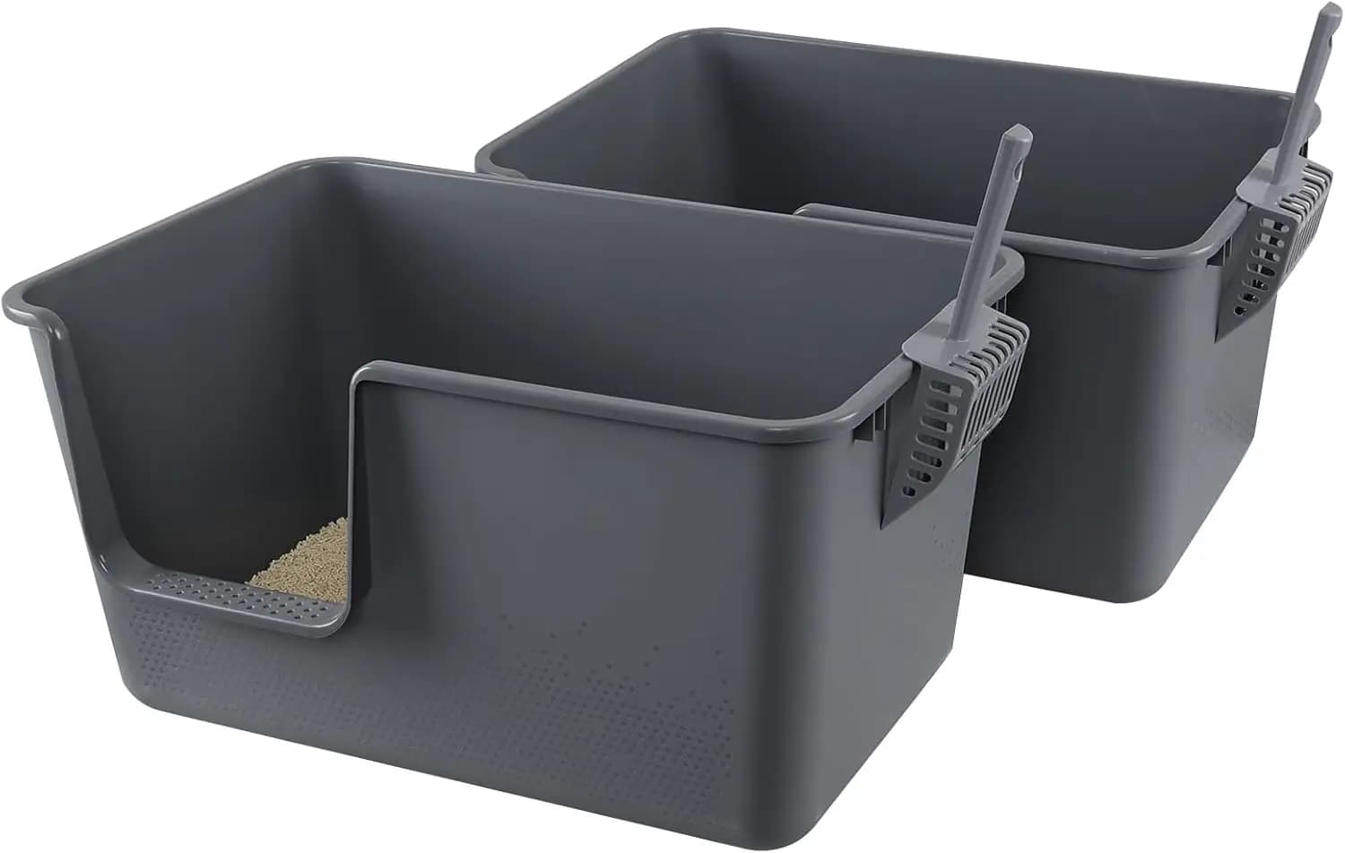 Lettiera per Gatti Extra Large con Bordi Alti, Lettiera Aperta in Plastica Grigia con Paletta, Confezione da 2