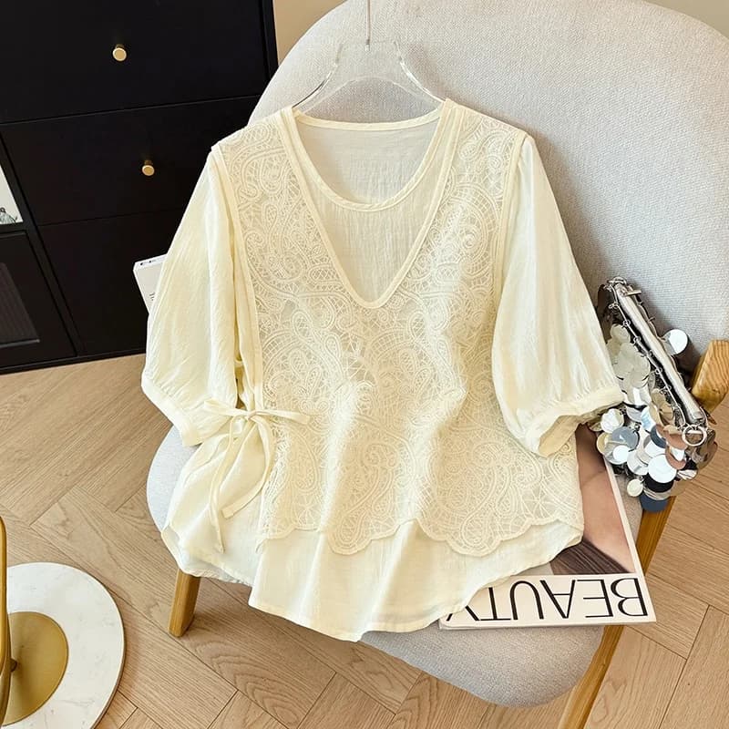 Elegant Ladylike Loose Fit Embroidered Lace Shirt Summer Versatile Fake Two-Piece Shirt Casual Comfortable Short Sleeve Blouse