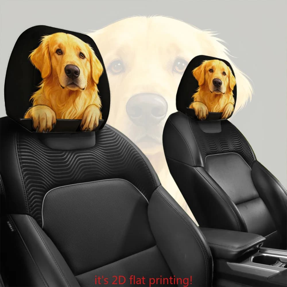Set di 2 copri poggiatesta per auto con raffigurazione di Golden Retriever | Realizzato in 100% poliestere | Design elegante e giocoso | Facile da installare