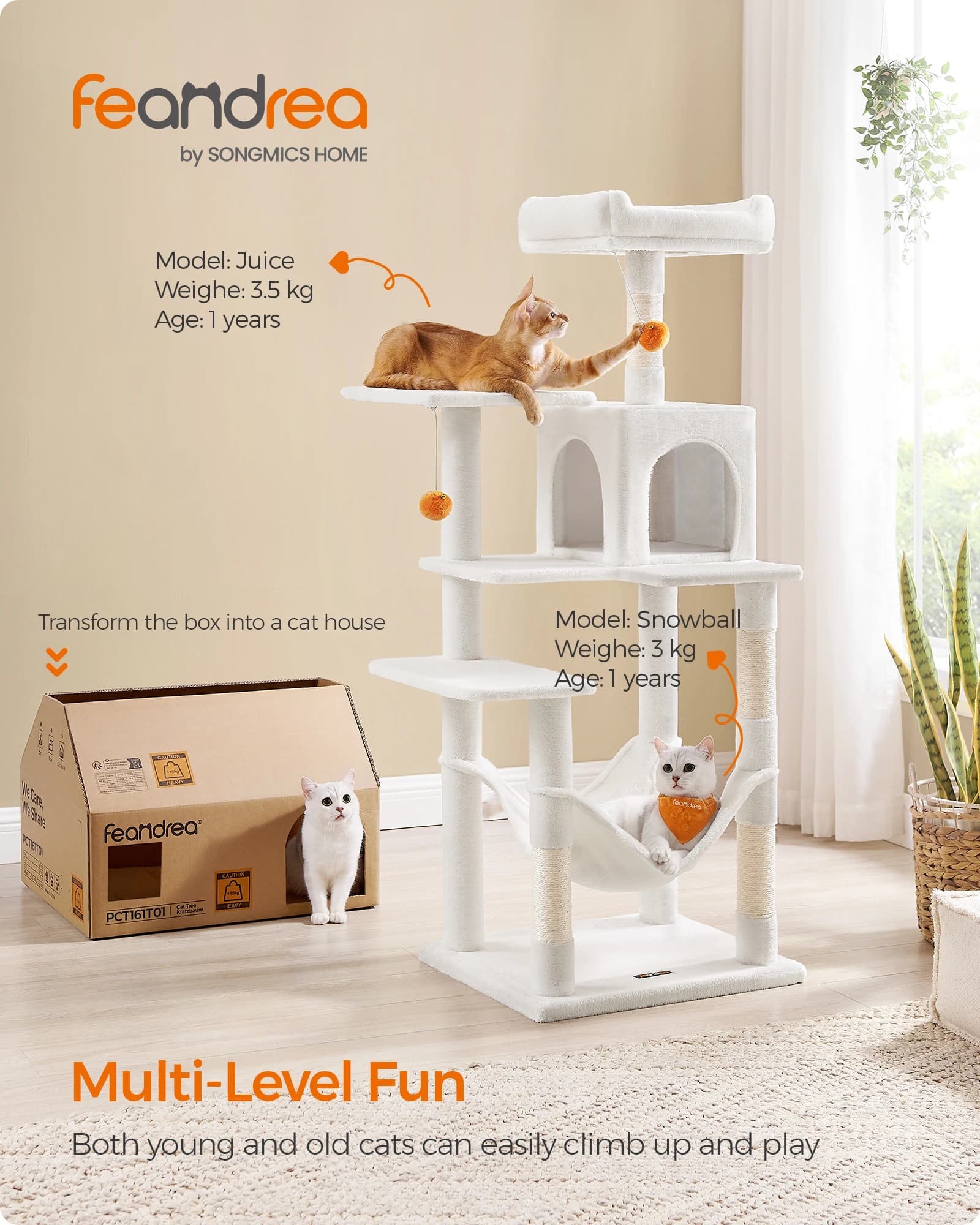 Feandrea Cat Tree, Albero per Gatti da 140 cm, Cuccia Multilivello in Peluche con 4 Tiragraffi, 2 Posatoi, Amaca, Grotta