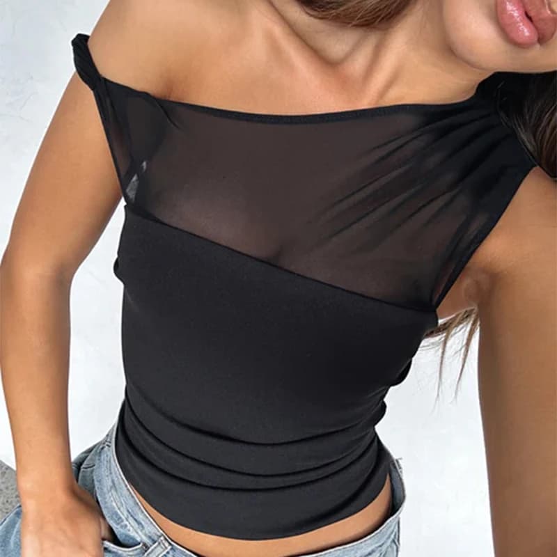 Style Sexy Summer New Pure Color Mesh Splice Sleeveless Slim Fit Vest Women Short Top
