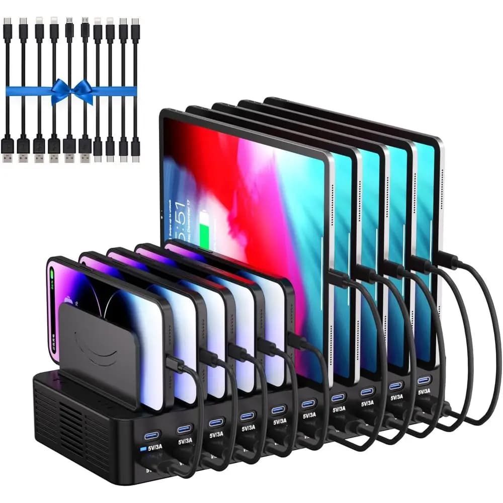 20-Port USB Charging Station with Adjustable Dividers for Multiple Devices, Cables Included (Black)