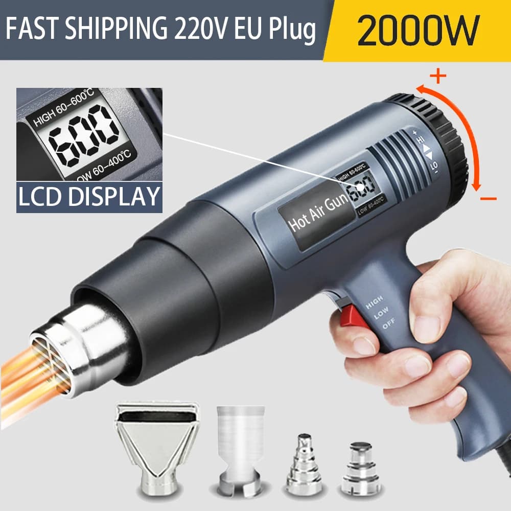 2000W Industriale Elettrico Pistola Ad Aria Calda Display Digitale Auto Pellicola Pistola di Calore Essiccatore Ad Aria per Saldatura Ventilatore Termico Involucro Termoretraibile