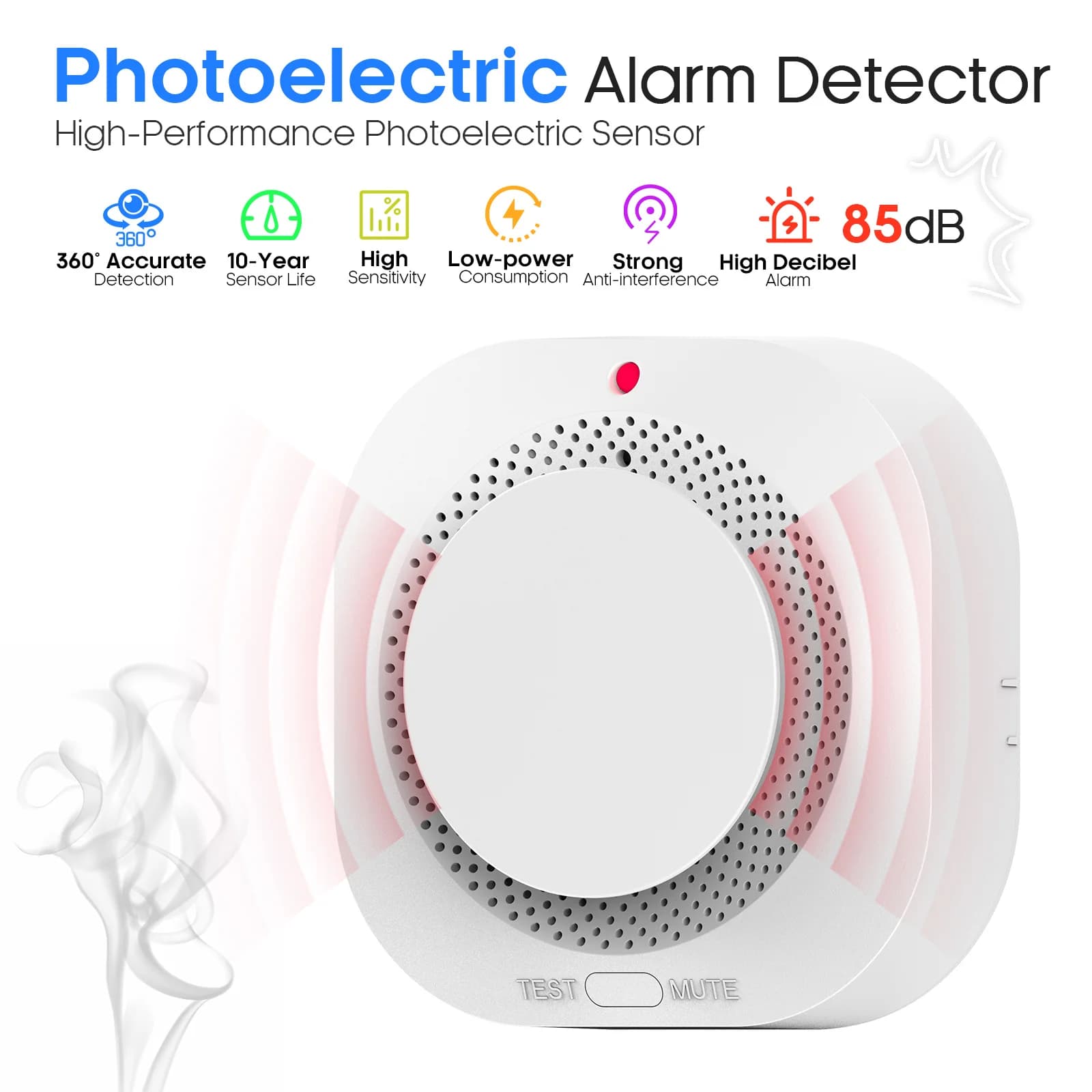 PGST 360° Detection Wireless Photoelectric Smoke Detector For Hotel Office School Security 85dB Smoke Sensor