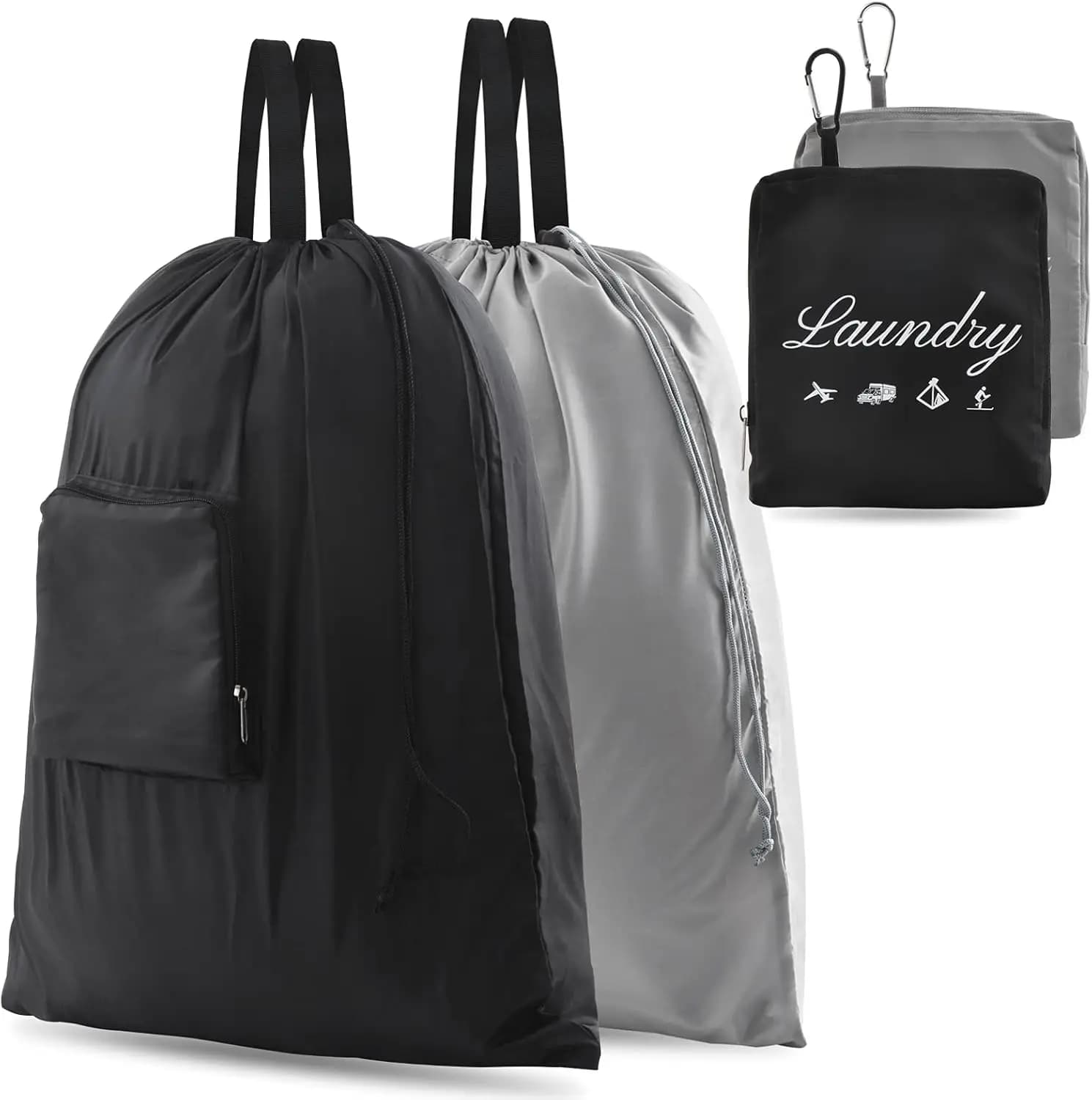 Pack of 2 bags for travel linen with handles and hook, durable organizer for camping, fitness, students - Black and gray