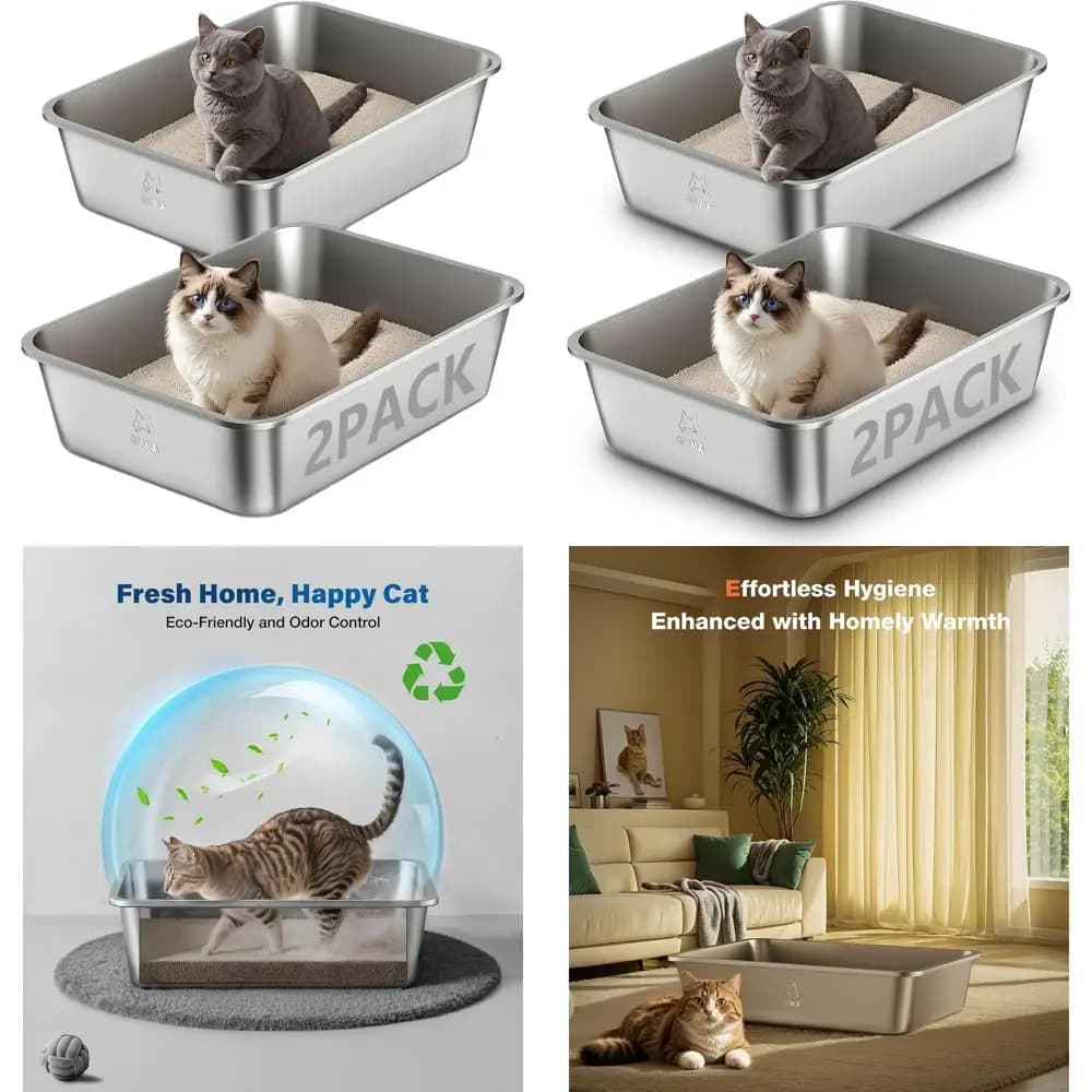 Lettiere Doppie per Gatti in Acciaio Inossidabile, 19.5 L×13.6 L×5.9 A, con Bordi Alti per Gatti Grandi o Piccoli, Antiaderenti, Facili da Pulire, Anti-Odore
