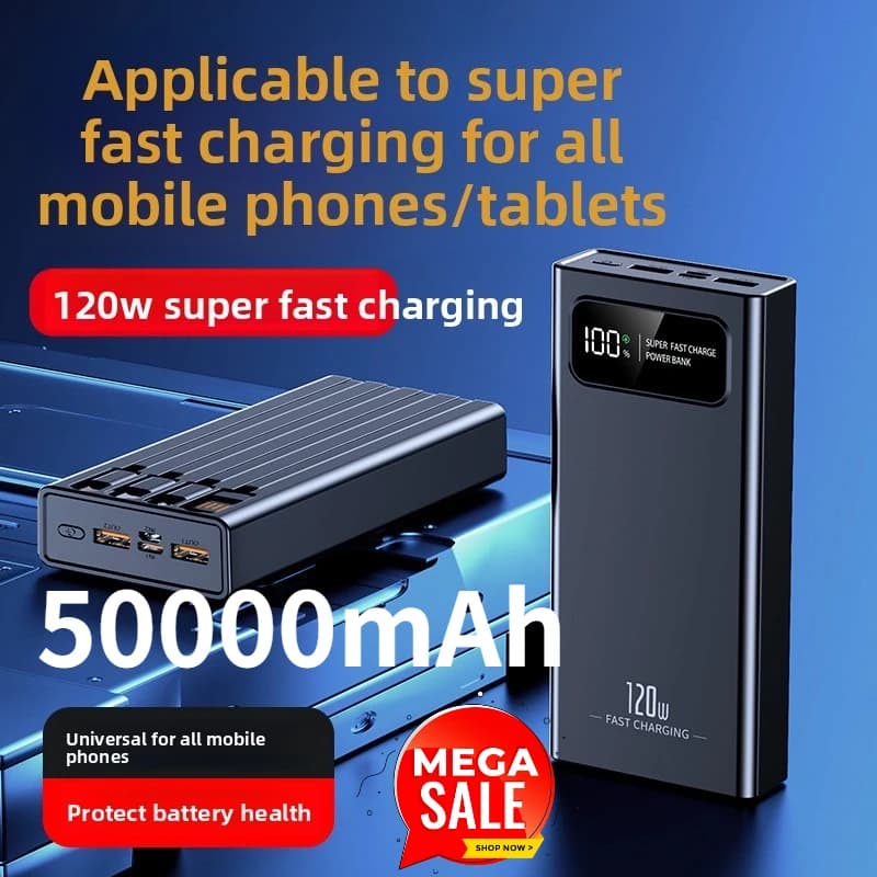 50000mAh 30000mAh 10000mAh 120W Power Bank for IPhone Huawei and Xiaomi Mobile Phones PowerBank with Built-in Cable (CCC)