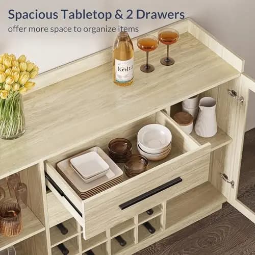 55 Inch Freestanding Sideboard With Wine Rack, Stemware Holders, And Glass-Door Storage For Dining Or Living Room Use