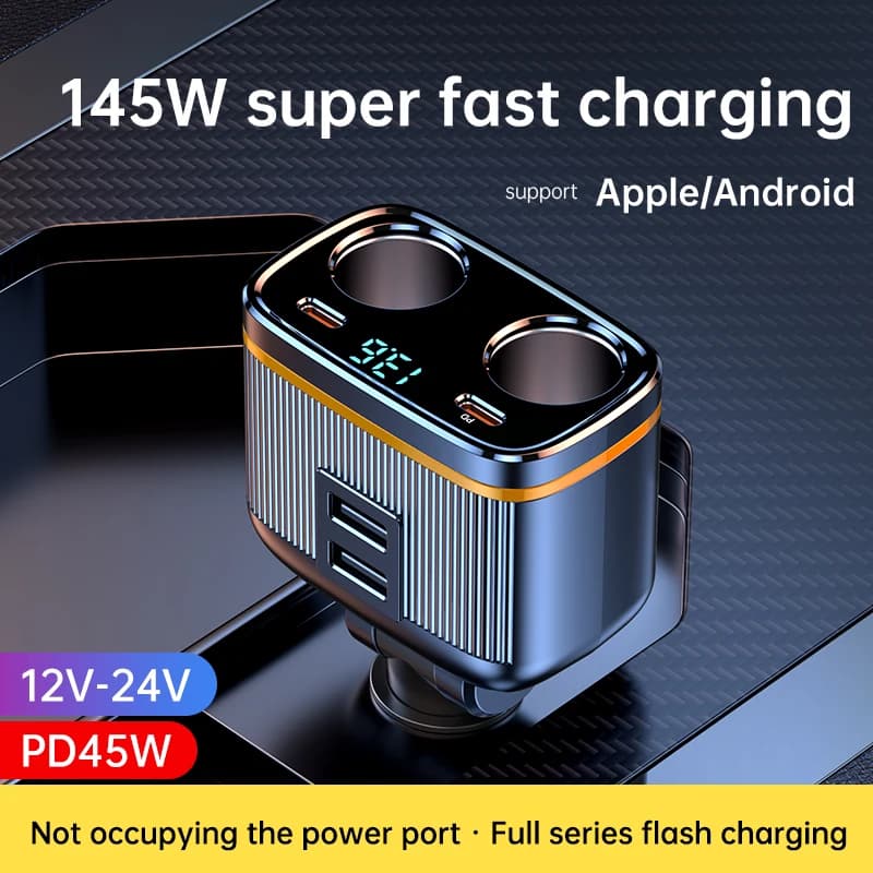 6 in 1 Cigarette Lighter Splitter 145W USB C Car Charger 4 Ports PD30W Car Charger Adapter Voltage Display for All Car Devices
