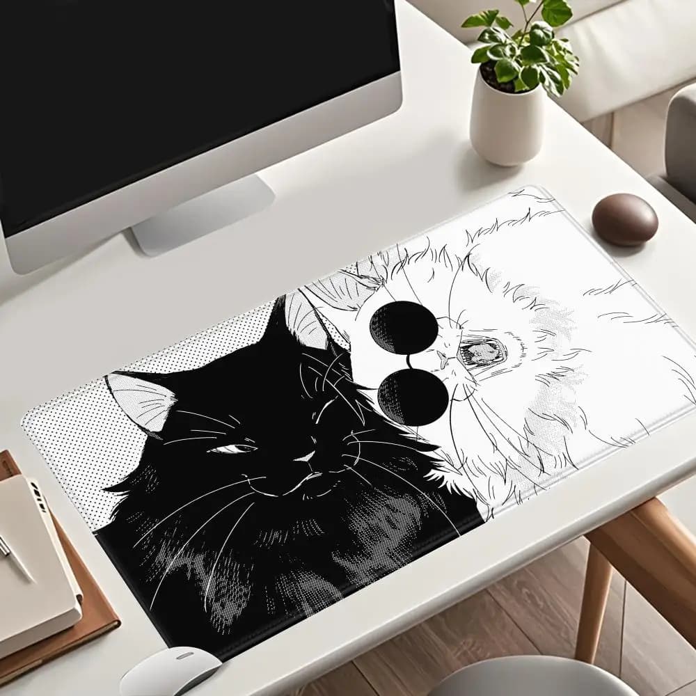 Tappetino per mouse con gatto carino in bianco e nero, grande, antiscivolo, in gomma, per gaming, XL, adatto per ufficio, giocatori, tappetino da scrivania lungo