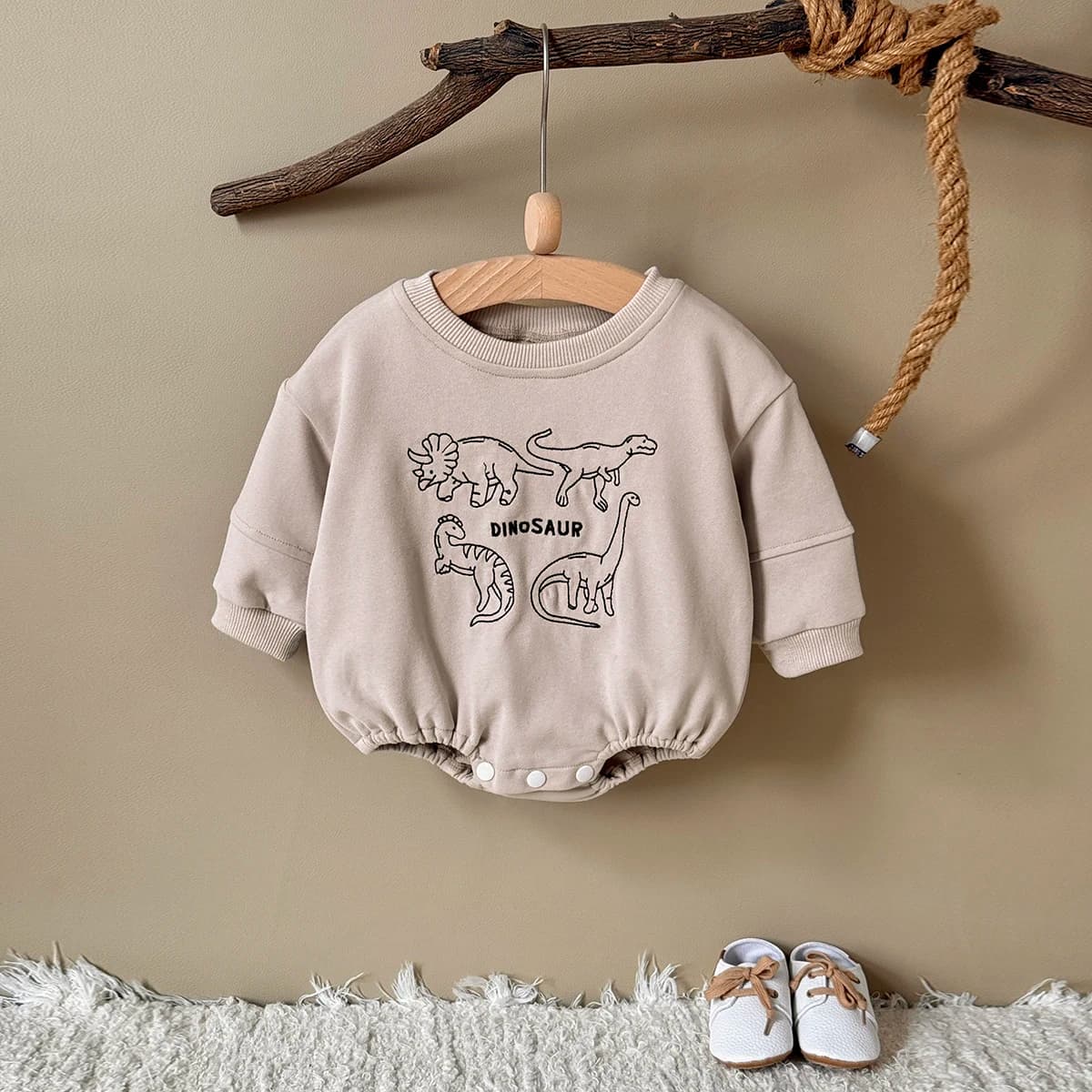Spring Fall Baby Bodysuit Cotton Long Sleeve Dinosaur Embroidery Oversized Sweatshirt Romper Casual Outfit for Newborn