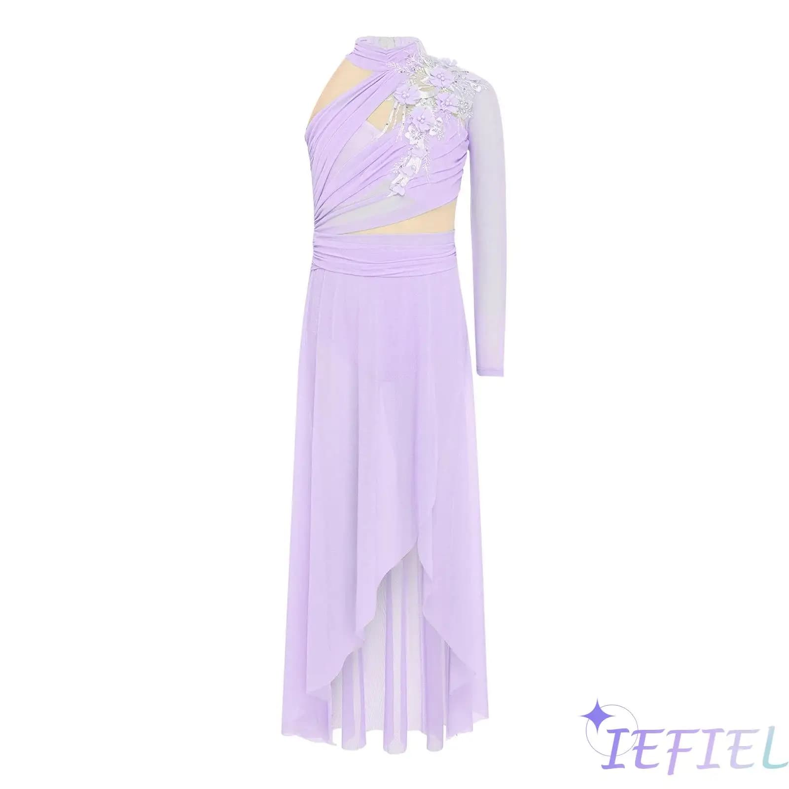 Vestito da balletto artistico per bambina, pattinaggio su ghiaccio, spettacolo di danza, applique, buco della serratura, abito diviso sul lato posteriore, abbigliamento da ballo lirico