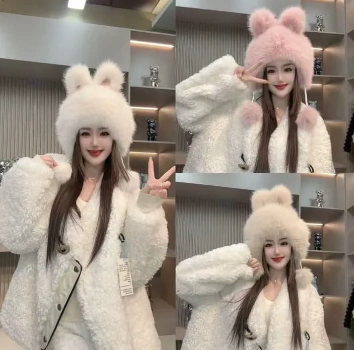 Hot plush cap with winter rabbit ears new style Korean version ear protection hat on the head adorable gift in Japanese style