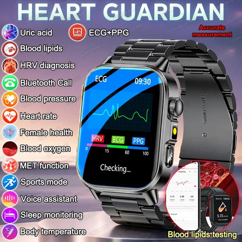 New Smartwatch 2026 for Men with Lipid and Urico Acid Test, ECG+PPG, Blood Pressure, Oxygen in Blood, Bluetooth Calls, iOS Compatible