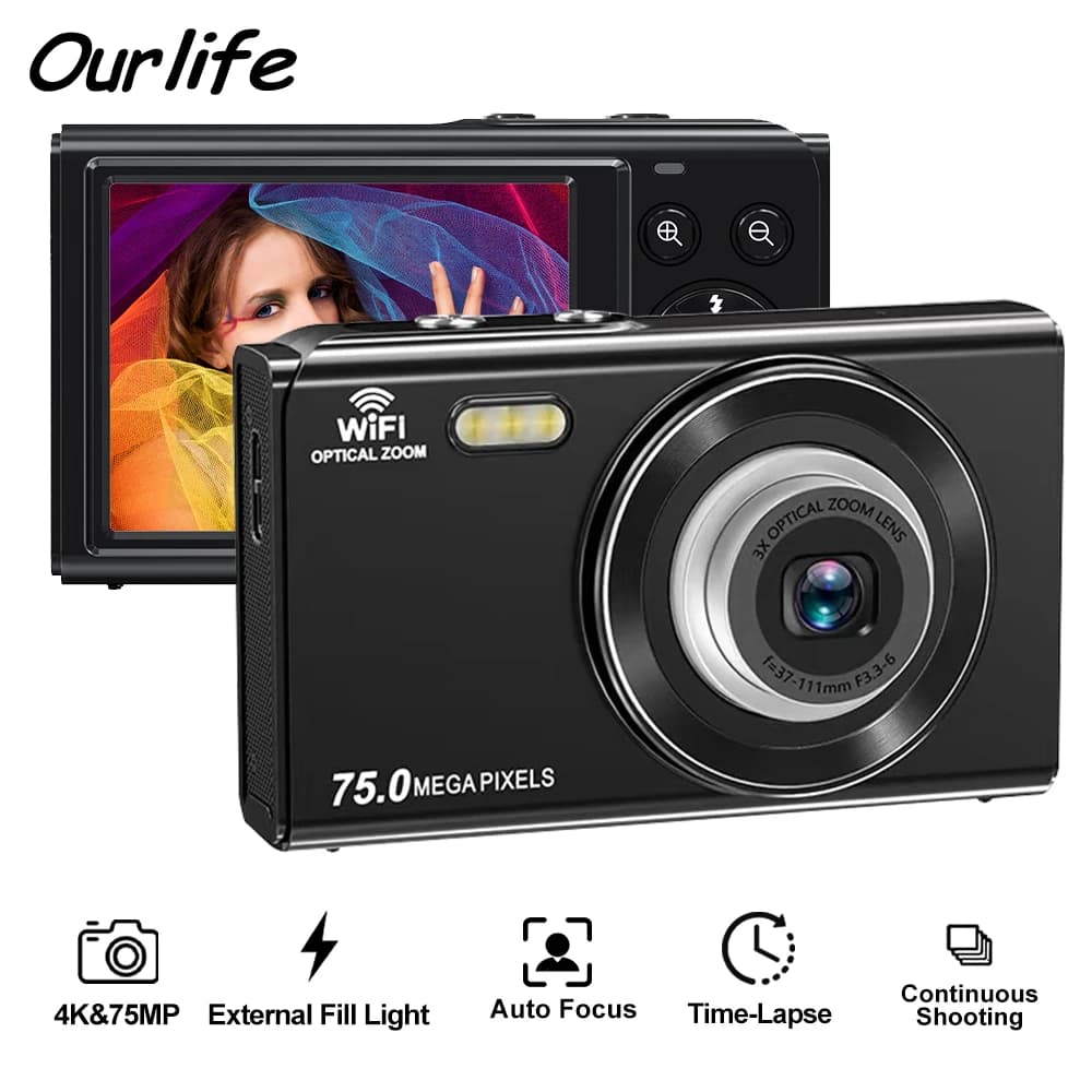 Ourlife Fotocamera digitale 4K Zoom ottico 3X e zoom digitale 2X Videoregistratore Vlog HD YouTube Schermo LCD da 2,8 pollici Web Cam WiFi
