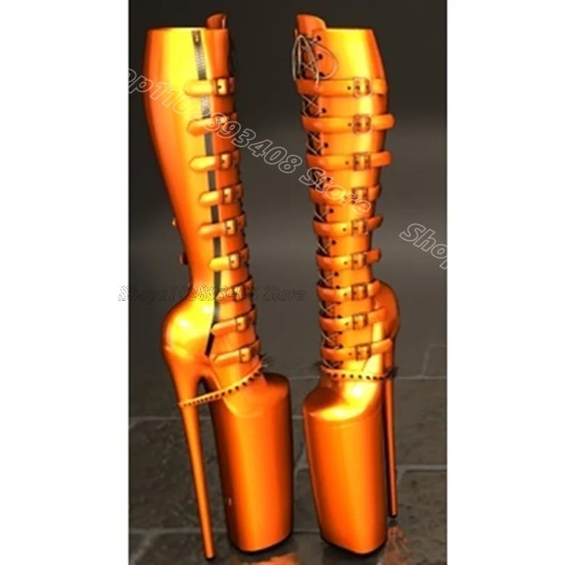 Stivali al ginocchio con fibbia a piattaforma arancione punta tonda cerniera laterale abito da festa in stile britannico scarpe da donna a spillo 2024 Zapatos Para Mujere