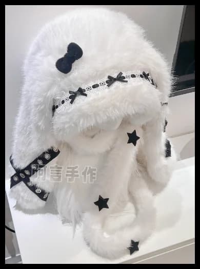 Handmade Original Rabbit Ear Plush Hat Subculture Punk Ear Protection Hats Thickened Warm Snowy Day Fur Cap Winter Cute Scarf