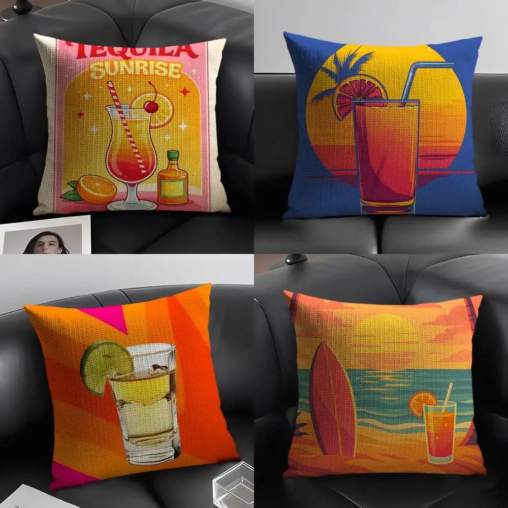 Bellissime 3 fodere per cuscini in lino con motivo T-Tequila Sunrise Cocktail, per decorare divani, case per cuscini, fodere per cuscini per auto e sedie