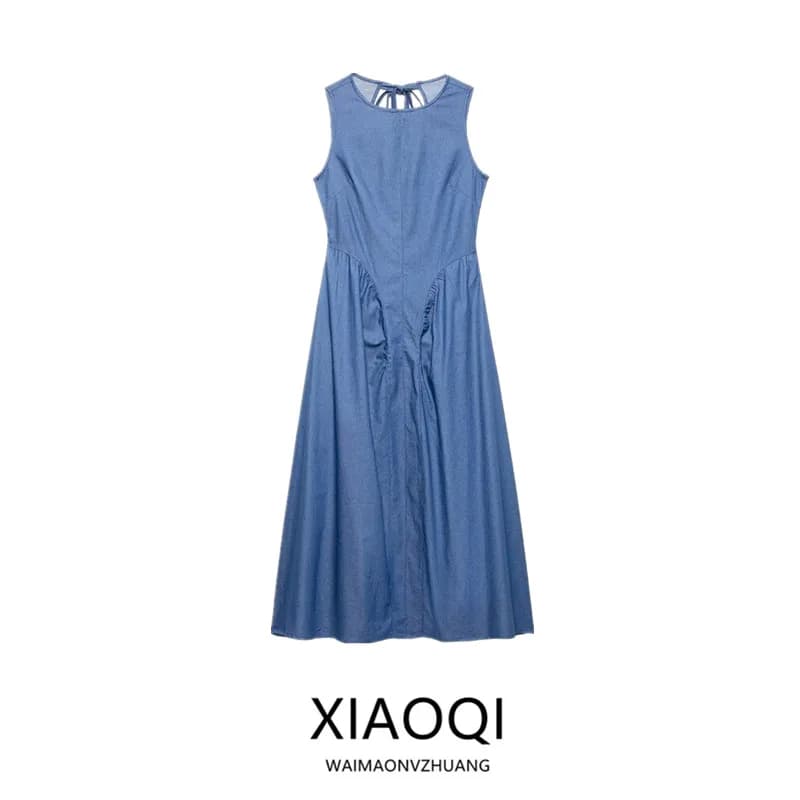 Summer 2025 Women's Long Denim Dress Sleeveless Back Hollow out Versatile Design Commute Style Other Material 100%