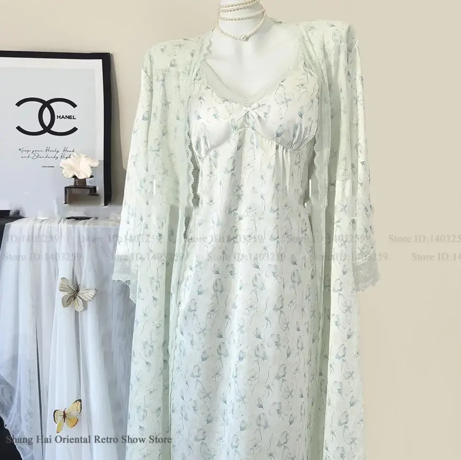 Elegante stampa fiore lungo abito set primavera autunno kimono abito accappatoio abito da casa sexy camicia da notte in pizzo lingerie rayon indumenti da notte