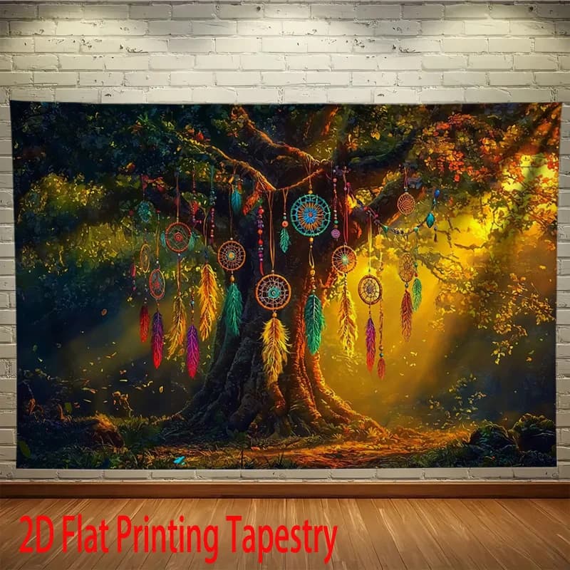 2D Flat,Dreamcatcher Ancient Tree Forest Sunlight Boho Tapestry Spiritual Wall Art BedroomDecor Native American SymbolBackground