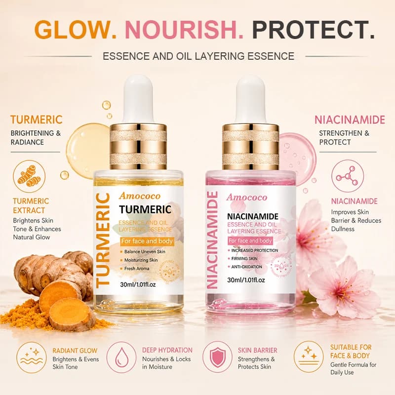 Amococo 2pcs Turmeric Niacinamide Serum Oil 30ml Water Oil Layered Essence for Face and Body Moisturizing Facial Serum with Vitamin C Hyaluronic Acid Turmeric Extract Niacinamide Lightweight Daily Skin Care