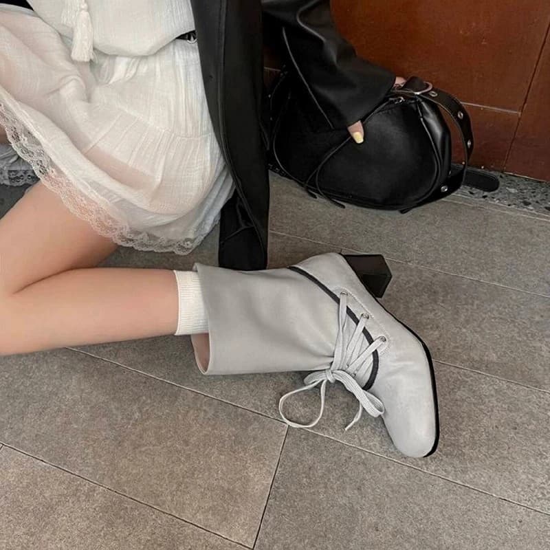 Autumn Winter Soft Comfortable Fabric Knee-High Boots Woman Round Toe Long Booties Square Low Heels Shoes Fashion