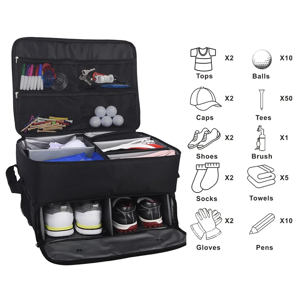 Organizer per bagagliaio da golf impermeabile, borsa per scarpe da golf con grande contenitore per scarpe, palline, tee, vestiti, guanti e accessori.