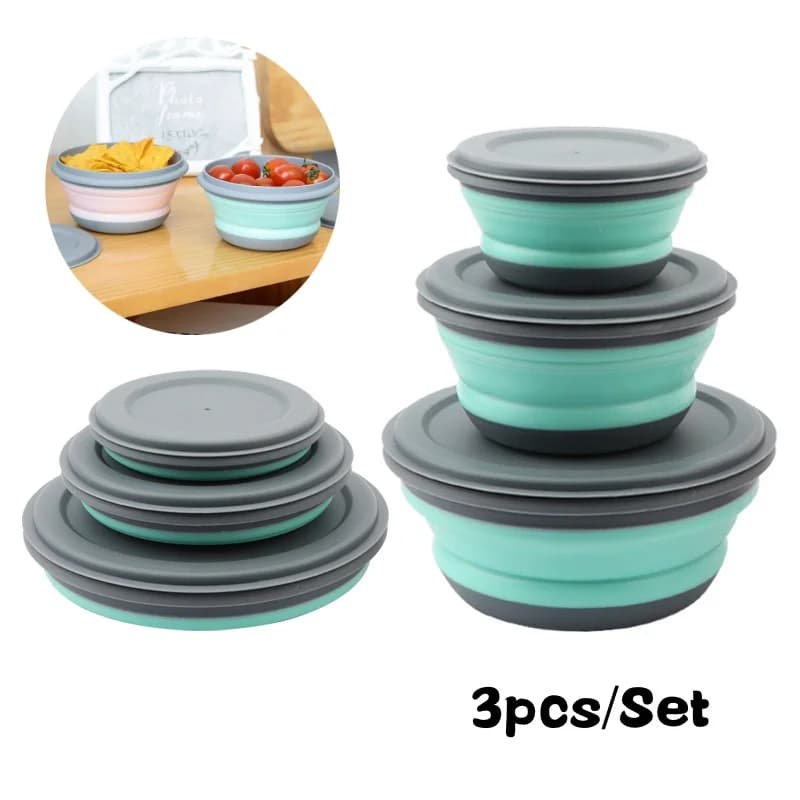 Set di ciotole per pranzo pieghevoli portatili Set di ciotole in silicone 3 pezzi / set Contenitore per alimenti Set di stoviglie da campeggio all'aperto Insalatiera pieghevole con coperchio