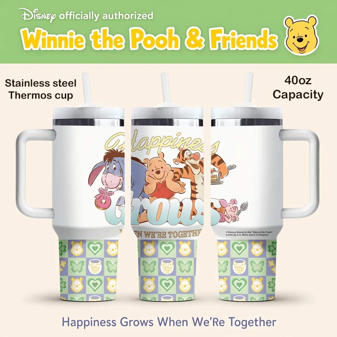 1pc 40oz Disney Cute Pooh & Friends Stainless Steel Water Bottle Insulated Tumbler with Handle Straw for Car Camping Outdoor