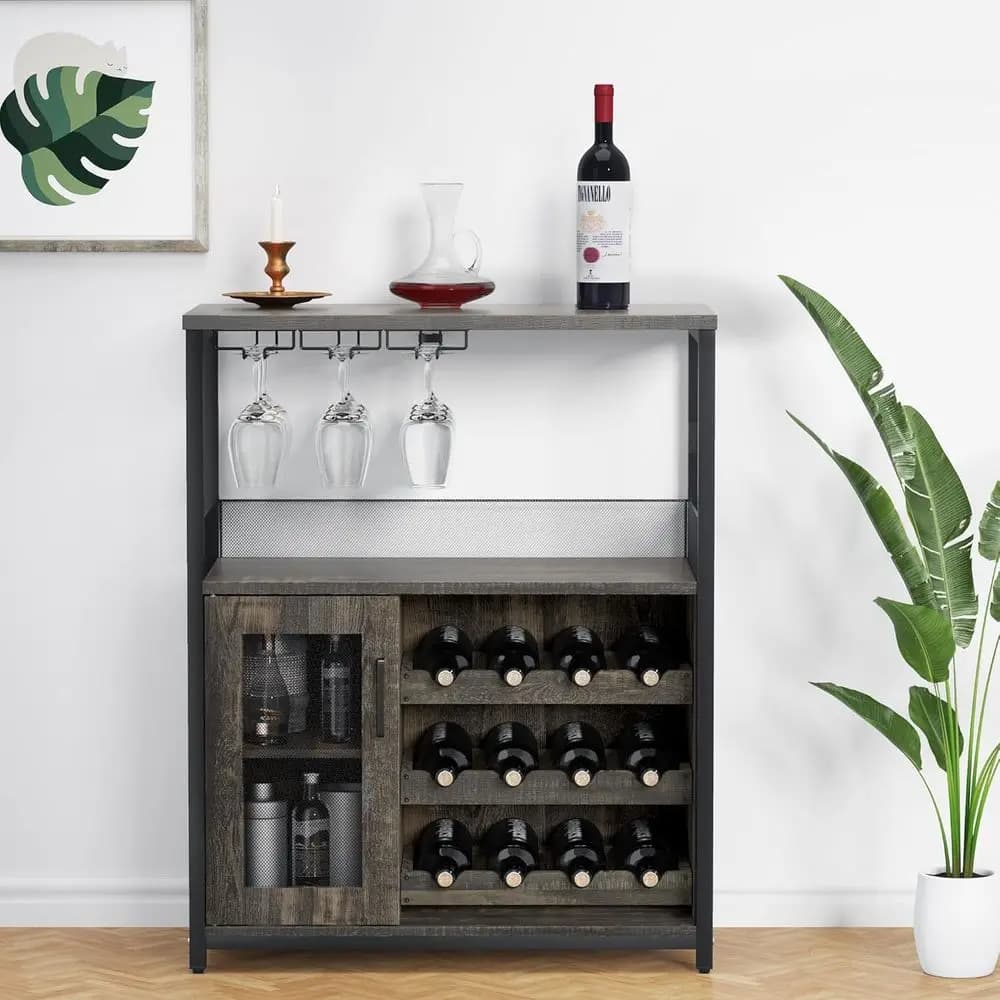 Mobile Bar a 3 Ripiani con Portabottiglie Rimovibile e Spazio di Stoccaggio, Mobile Buet con Portabicchieri e Porta in Rete, per Cucina, L