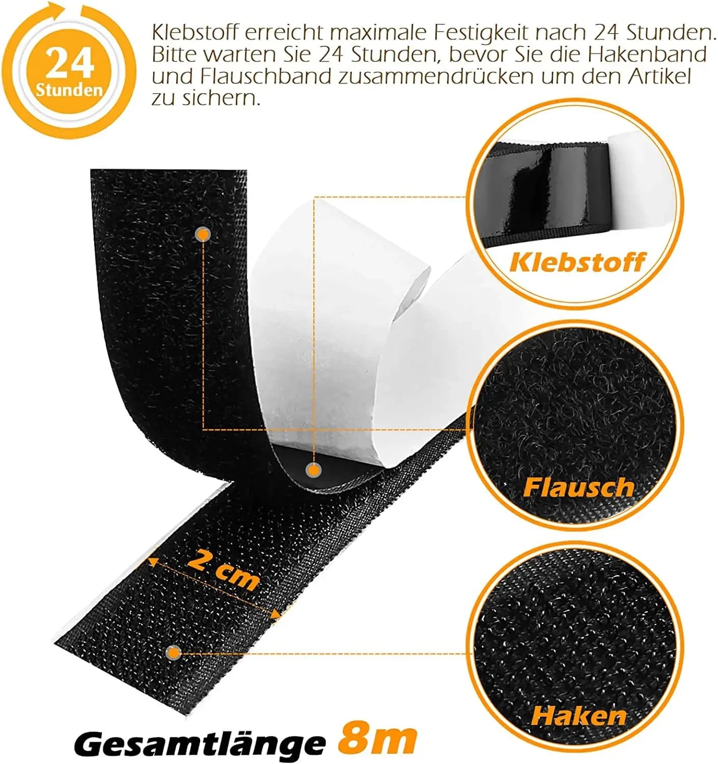 Nastro adesivo magico da 20 mm autoadesivo biadesivo extra resistente con cuscinetto adesivo Soffice chiusura con gancio e anello Nero