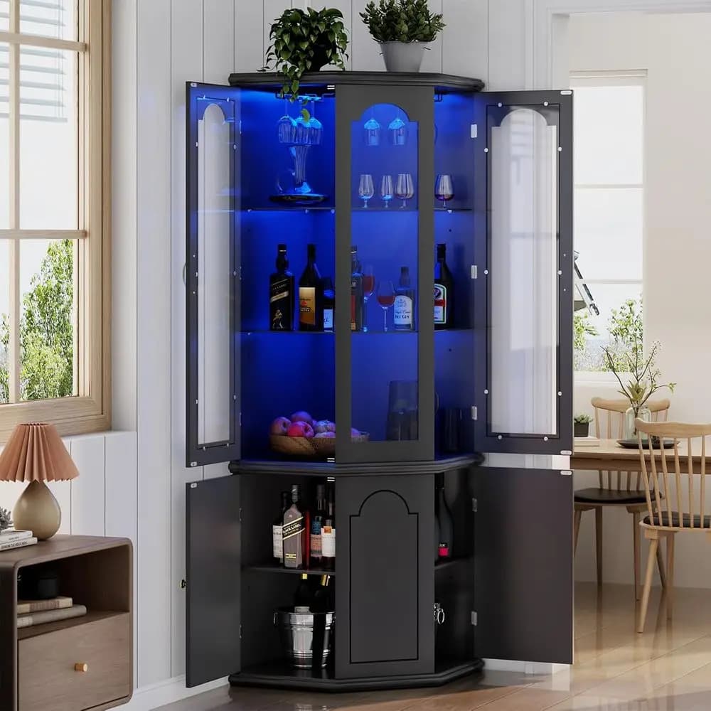 Mobile Bar con Luci LED, Cantinetta Alta con Porta in Vetro Temperato e Ripiani Regolabili, Mobile Contenitore per Liquori da Casa