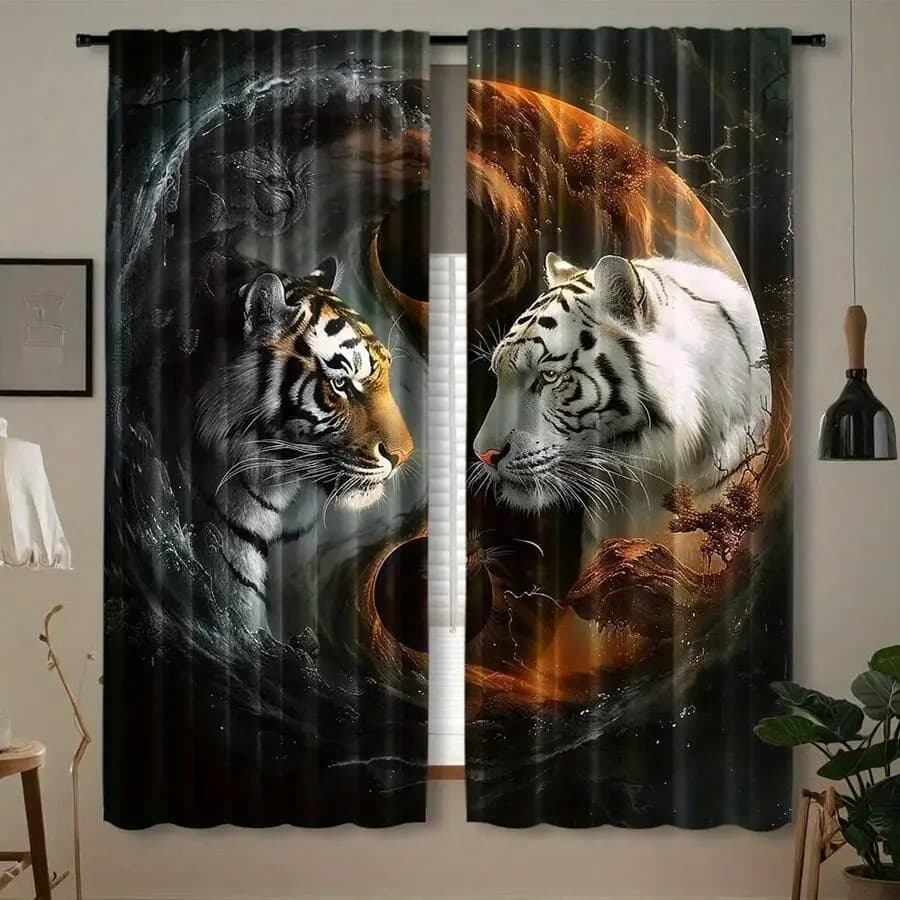 Mystical Tiger Curtains Yin Yang Black White Animal Print Drapes Fantasy Wildlife Window Treatment for Living Room Bedroom Decor