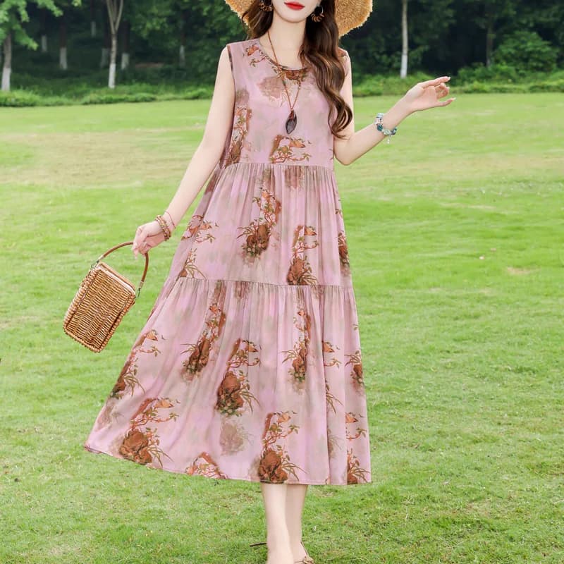 Summer New Beach Floral Dress Loose Vacation Skirt with Sleeveless Vest Long Dress