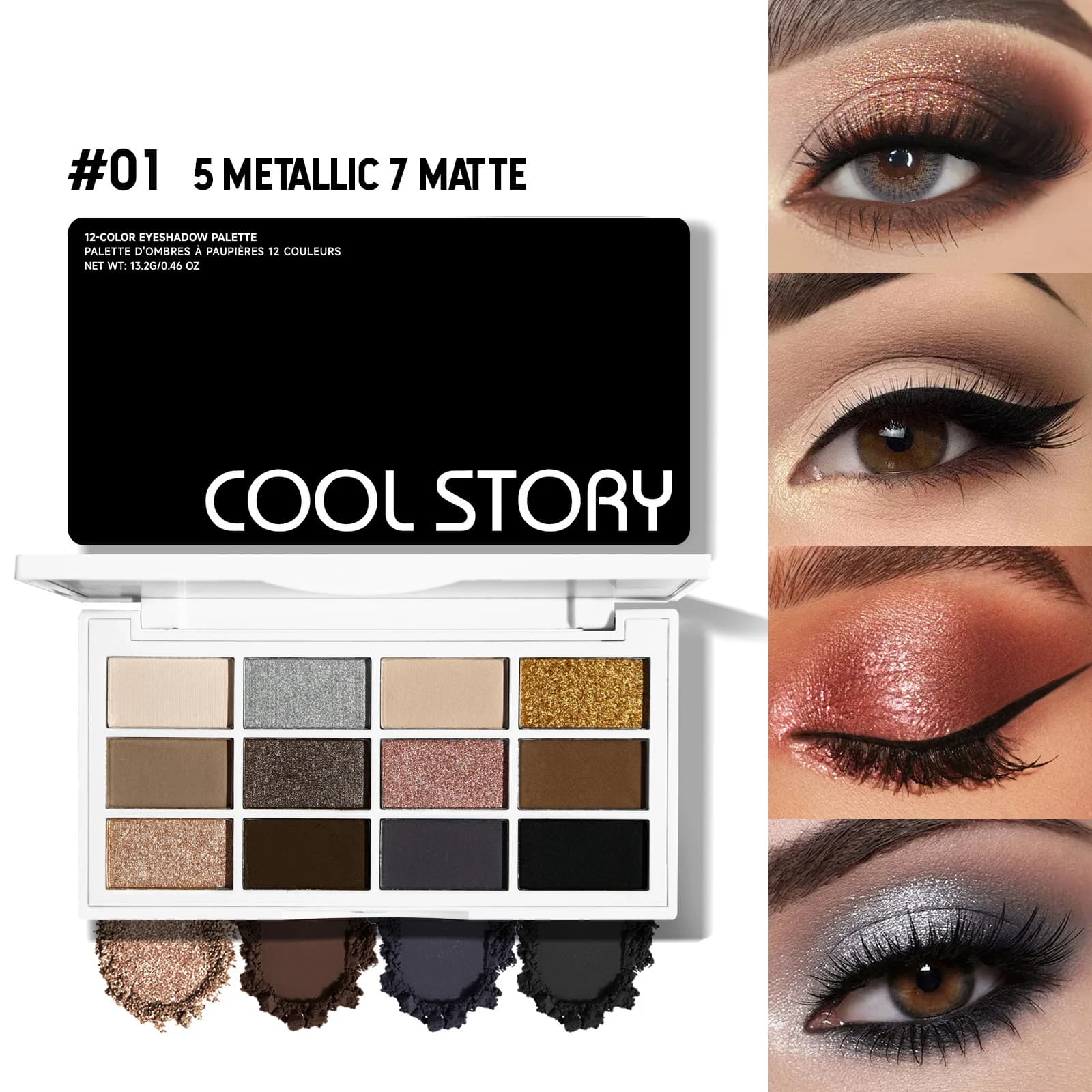 Palette di ombretti a 12 colori, toni metallici marrone caffè e nude, glitter opachi e finitura metallizzata, trucco fumoso, festa e palcoscenico