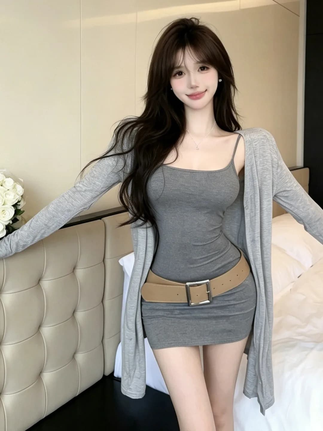 Slimming Effect Grey Strapless Bodycon Dress with Long Sleeve Open Cardigan Outerwear And Belt Women's Fashion Set Casual Style