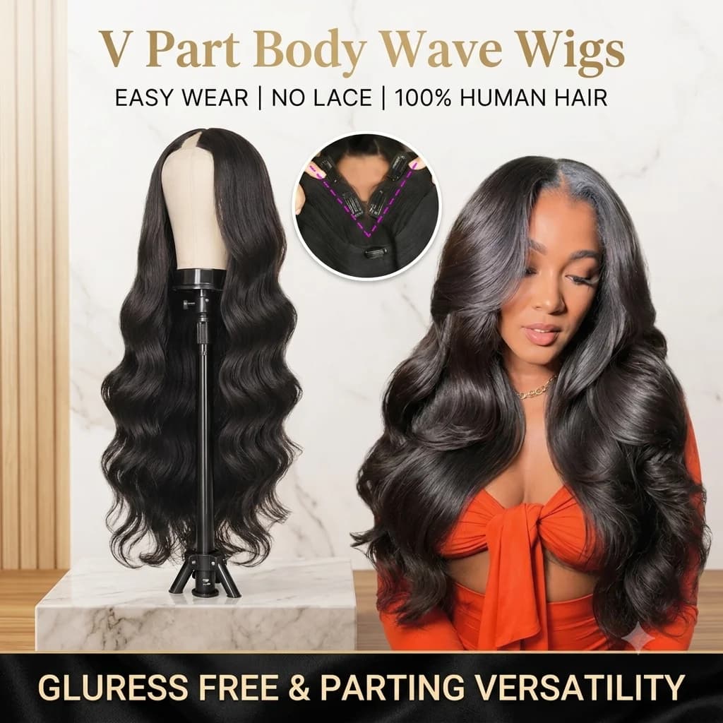 V Part Wig Human Hair Body Wave Upgrade U Part Human Hair Wigs for Black Women V Part Clip in 220% Density Glueless Friendly for Beginner No Leave Out No Sew in Natural Black 28 inch