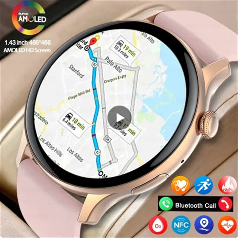 GPS Smartwatch with 1.43 inch AMOLED screen 466 * 466 high definition, heart rate monitor, NFC, Bluetooth calls, women's watch