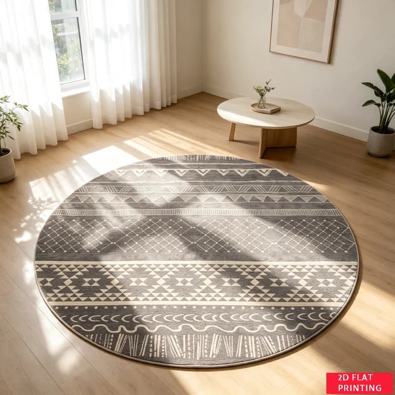 Boho Brown And Cream Tribal Diamond Geometric Round Rug For Modern Bohemian Bedroom Accent With Earthy Tones Printed Carpet