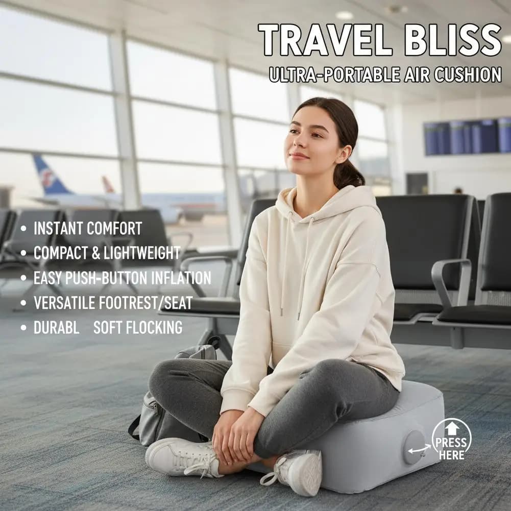 Inflatable Foot Rest Pillow for Travel, Portable Under Seat Foot Rest for Office, Home, Trains, Cars, Concert, Heightening Seat