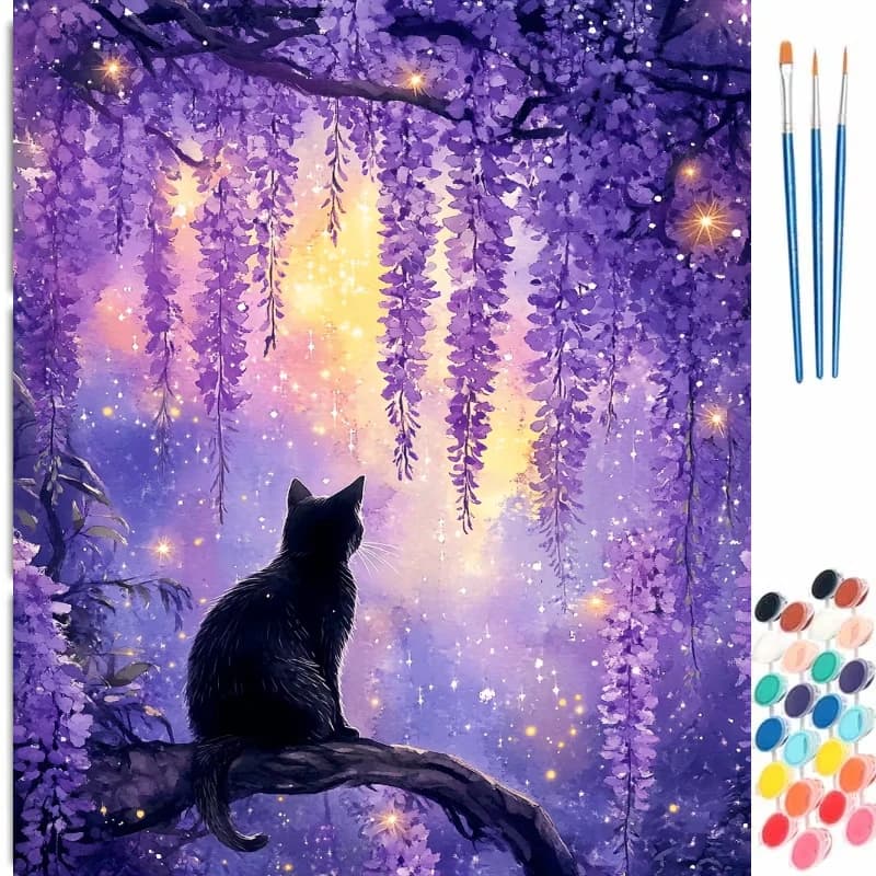Paint By Numbers Kit for Adults Beginner 40X50CM Black Cat Under Wisteria Tree DIY Canvas Painting Home Decor Art Craft Gift