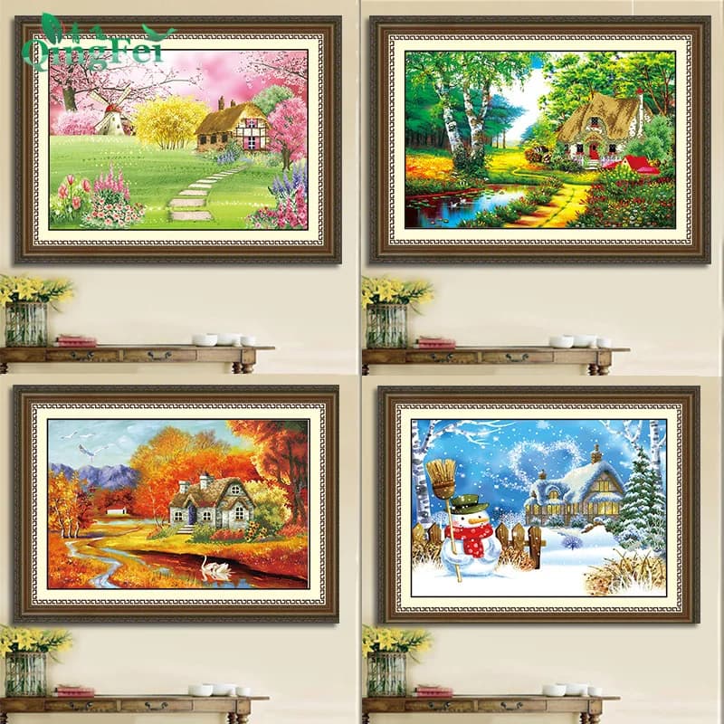 Precision 5D Stereo Cross Stitch Kit Autumn Winter Landscape Living Room Cotton Fabric Cross Stitch New Chinese Style White